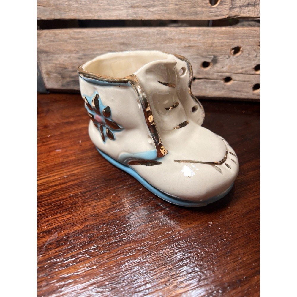 Vintage Hand Painted White Blue Flower Ceramic Planter Decorative Baby Shoe